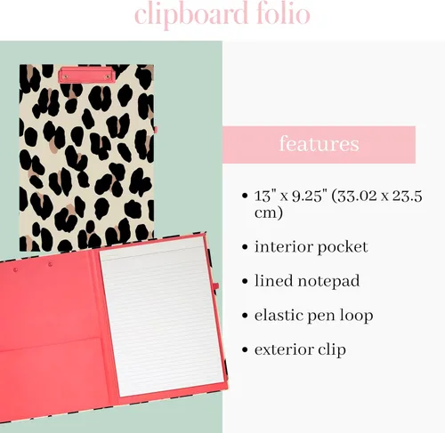 Miniatura 3 de Kate Spade New York - Portapapeles de tapa dura con estampado de leopardo A4 con clip de bajo perfil, padfolio profesional incluye bloc de notas