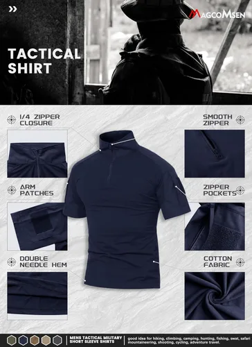 Miniatura 10 de MAGCOMSEN Camisas militares tácticas para hombre con cremallera de 1/4, manga corta, ajustada, camisa de camuflaje