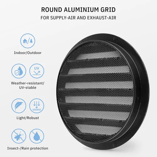 Miniatura 3 de calimaero® WSGB Rejilla de Ventilación de Aire de Metal Redondo Negro de 5 Pulgadas con Persiana Plana y Malla Antimoscas Compatible Solo