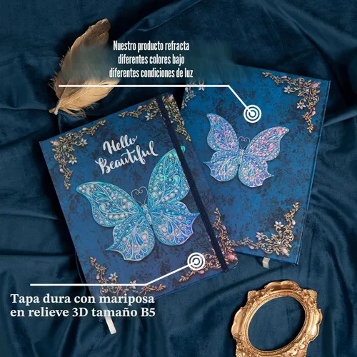 Miniatura 7 de Diario universitario para escribir-B5 - Cuaderno de tapa dura en relieve de mariposa 3D - Diario de escritura para mujeres con banda elástica