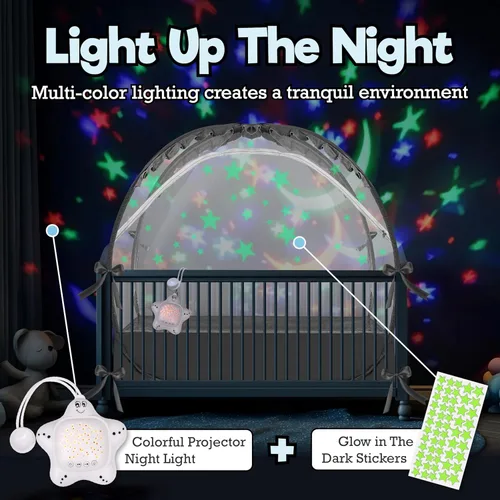 Miniatura 7 de Tienda de campaña para cuna de bebé, tienda de campaña para cama infantil con máquina de ruido blanco, apertura de cremallera ancha, funda de cuna