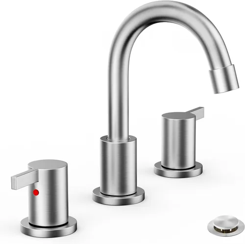 Miniatura 11 de Phiestina Grifo de lavabo de baño de 3 agujeros generalizado de oro cepillado, juego de llave de baño de 8 pulgadas con drenaje emergente de metal
