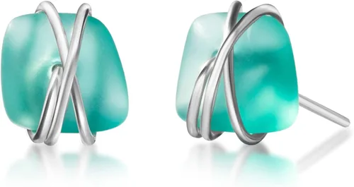 Miniatura 18 de Aretes de Cristal de Mar S990 Plata Esterlina Hipoalergénicos Hechos a Mano con Poste Aretes de Cristal de Playa Joyería Artesanal de Declaración
