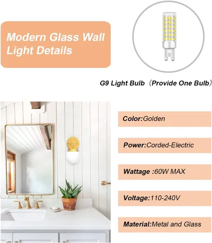 Miniatura 3 de Tipace Aplique de pared dorado 1 luz, aplique de pared globo moderno de mediados de siglo, lámpara de pared dorada para restaurante, sala de estar