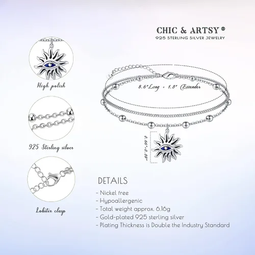 Miniatura 15 de CHIC & ARTSY Tobilleras delicadas de plata de ley S925 para verano, pulsera de tobillo ajustable multicapa para playa, joyería de pie para mujer