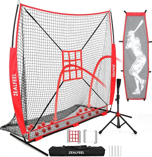 ZEALFEEL Red de béisbol, red de lanzamiento y bateo de 7 x 7 pies con bateador ficticio, sistema grande de recolección de pelotas, 2 zonas de