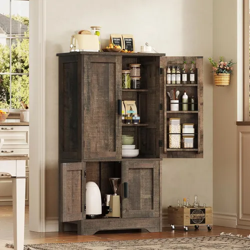 Miniatura 6 de TEENFON Armario de almacenamiento con 4 puertas, armario de cocina de granja de 43.3 pulgadas de alto con 6 estantes de puerta, armarios