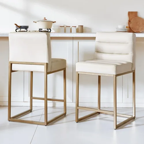 Miniatura 12 de GrandNoor Juego de 2 taburetes de bar modernos de piel sintética beige de 25 pulgadas con patas traseras de metal resistentes, cableado a cuadros