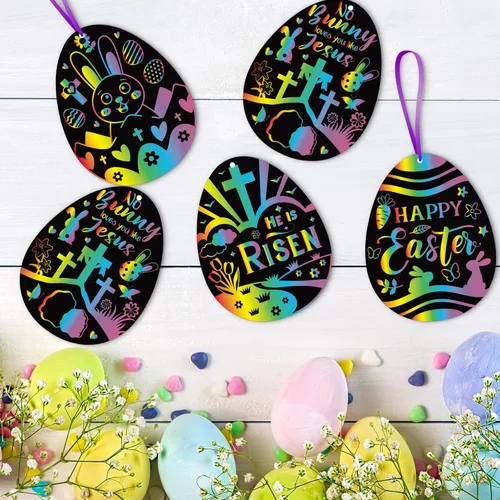 Miniatura 4 de BeYumi 60 tarjetas de rascar de huevos de Pascua para niños, kit de manualidades de color arcoíris mágico, regalo de fiesta de arte de papel, huevos