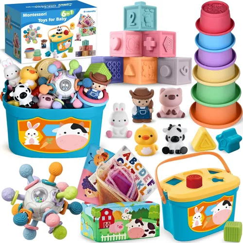 Juguetes para bebés de 6 a 12 meses, juguetes Montessori 6 en 1 para niños de 1 año, juguete sensorial suave para dentición, tazas y bloques