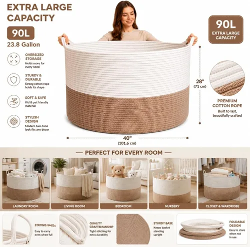 Miniatura 3 de Cesta de cuerda de algodón extra tejida, 87 L, hecha a mano, 22 x 22 x 14 pulgadas, cesta organizadora de lavandería con asas, organizador