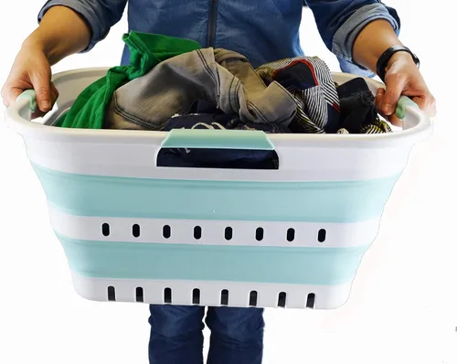 Miniatura 6 de SAMMART Cesta de plástico plegable de 3 asas de 30 litros (8 galones), contenedor de almacenamiento plegable y organizador para ahorrar espacio