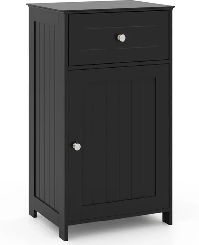 Giantex Armario de almacenamiento de baño de piso, gabinete independiente con cajón, puerta, estante ajustable, dispositivo antivuelco, organizador