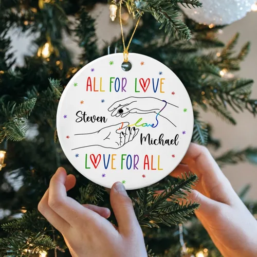 Miniatura 2 de All for Love - Adorno de cerámica LGBT arcoíris para Navidad 2025, adorno de Navidad personalizado para parejas, orgullo gay/lesbiano, adorno