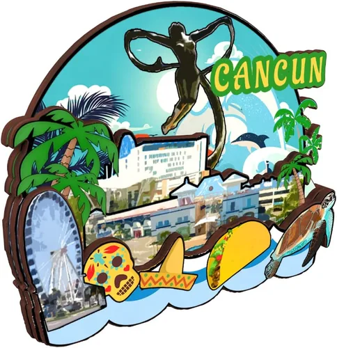 Miniatura 2 de Imán de nevera Cancún México Colección de madera 3D Madera Hecho a mano Recuerdos de la ciudad de viaje, imán para nevera Decoración del Hogar