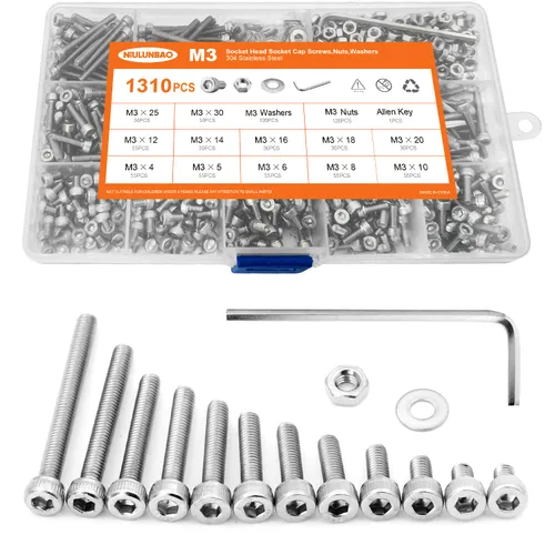 Juego de 1310 tornillos de cabeza hexagonal M3 x 4/5/6/8/10/12/14/16/18/20/25/1.181 in, tornillos y tuercas planas, arandelas planas, acero