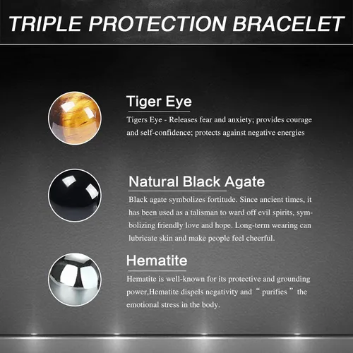 Miniatura 4 de DHQH Triple Protection Bracelet 8/10MM Hematite Black Agate Tigers Eye Stone Bracelet Crystal Jewelry Healing Bead Bracelets for Men Bring Luck