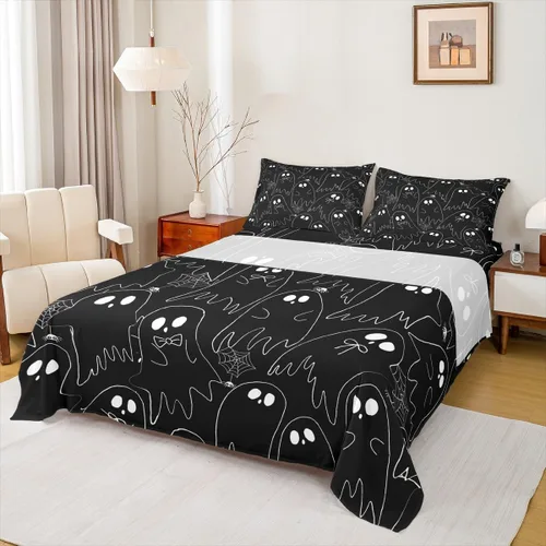 Miniatura 2 de Feelyou Juego de sábanas de fantasma negro para niños y niñas, tamaño individual, juego de sábanas de fantasma de calavera para niños, mujeres