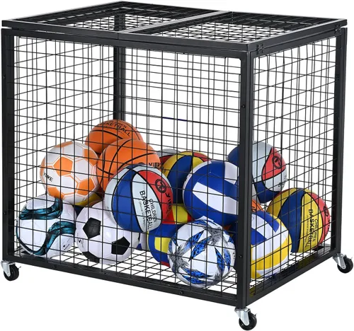 Miniatura 11 de VEVOR Rolling Sports Ball Storage Cart, Lockable Basketball Cage with Double Lids, Sport Equipment Holder Organizer for Indoor Outdoor, Steel