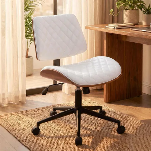 Miniatura 11 de Furnimart Silla de oficina de madera resistente giratoria de 360°, silla de escritorio pequeña de piel sintética con asiento acolchado grueso