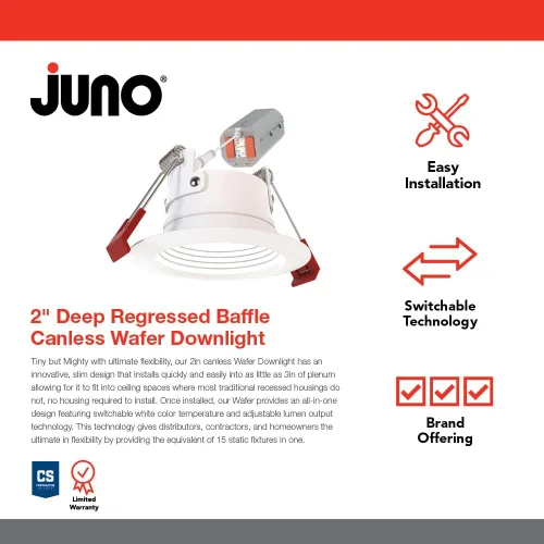 Miniatura 2 de Juno WF2 Dreg B ALO25 SWW5 90CRI 120 MW M6 Downlight LED Empotrado Wafer Sin Caja, Estilo de Moldura Deflectada con Retroceso Profundo, 2 Pulgadas