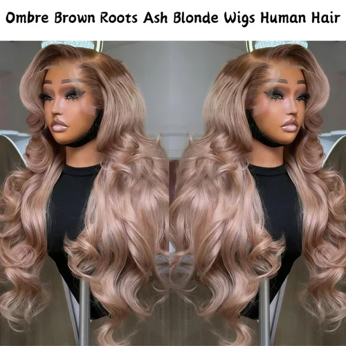Miniatura 4 de Pelucas de cabello humano rubio ceniza de 26 pulgadas con raíces castañas ombré, color rubio ceniza, ondulado, 13 x 6, peluca de cabello humano