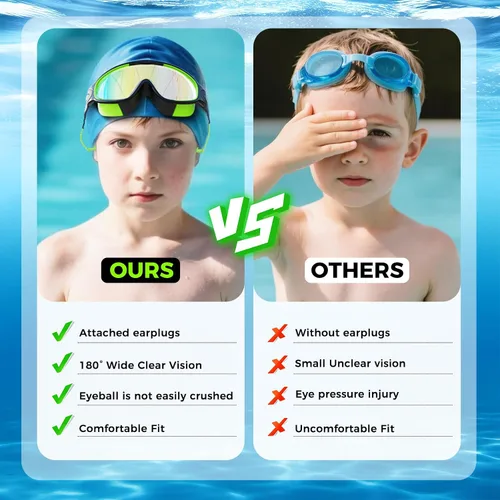 Miniatura 4 de Paquete de 3 gafas de natación para niños, con tapones para los oídos, marco grande, antivaho, UV, visión amplia, para niños y niñas de 4 a 12 años