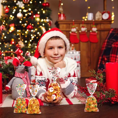 Miniatura 7 de DULEFUN 160 bolsas de celofán de Navidad, 8 estilos, transparentes para dulces, galletas, golosinas, bolsas de celofán con lazos de torsión