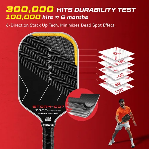 Miniatura 3 de YVmove T800 Carbon Fiber Pickleball Paddle with 16mm Dynamic Core, Premium Pickle Ball Thermoformed Unibody, Elongated Shape, Enhanced Power & Negro