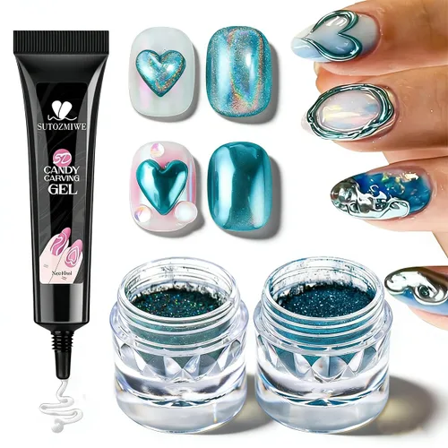 Miniatura 12 de Kit de Polvo de Uñas Cromado y Gel de Uñas 3D, Efecto Espejo Metálico Brillante Polvo Cromado Para Arte de Uñas, Pigmento de Polvo de Inmersión