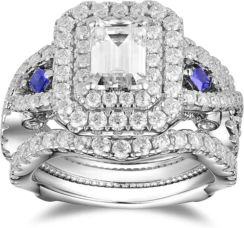Miniatura 2 de DovEggs 3.26ct Total 5x7mm G-H-I Color Emerald Cut Moissanite Antqiue Double Halo Engagement Ring Moissanite&Blue Sapphire Accents Curved Enhancer