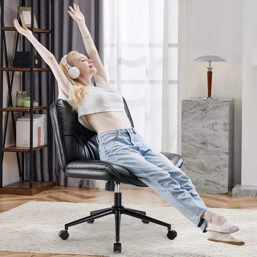 Miniatura 3 de OLIXIS Silla Criss Cross con Ruedas Sin Brazos Ancha de Patas Cruzadas Silla de Escritorio de Oficina de Tocador con Cómoda Piel Sintética PU
