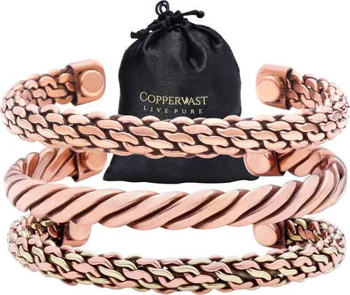 Miniatura 9 de Coppervast Pulseras de cobre para hombre y mujer Juego de 3 con bolsa de regalo Hecho a mano 100% cobre