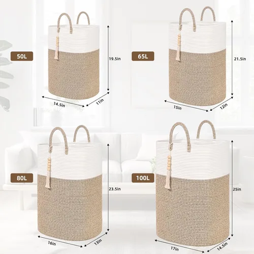 Miniatura 4 de Cesta Tejida de 65L para Ropa, Grandes Cestas de Lavandería Rectangulares con Cuentas y Borlas, Cesta de Almacenamiento para Guardería para Marrón
