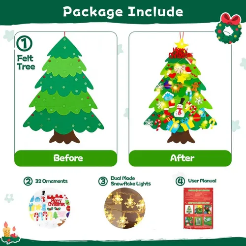 Miniatura 2 de EMPOF Árbol de Navidad de fieltro para niños pequeños - Juego de árbol de fieltro de bricolaje de 1 m con luces de copos de nieve + 32 adornos, Luz