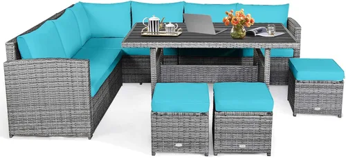 HAPPYGRILL Juego de muebles de mimbre de ratán de 7 piezas, juego de muebles de patio al aire libre con cojines, juego de sofá de ratán con mesa de