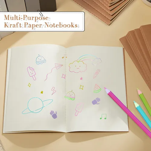 Miniatura 7 de Paquete de 72 cuadernos de papel kraft de 5.5 x 8.3 pulgadas, cuadernos A5 a granel de tapa blanda a rayas para niños, estudiantes, escritura, Marrón
