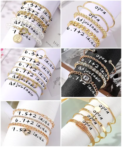 Miniatura 7 de IFKM Juego de 6 pulseras de cadena de oro bohemio para mujer, chapado en oro de 14 quilates, múltiples capas, apilables, abiertas, con eslabones