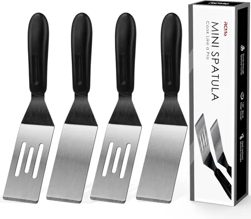 Espátula pequeña profesional mini espátula para servir, juego de 4 espátulas de metal de acero inoxidable, cortador y volteador de servir para 4