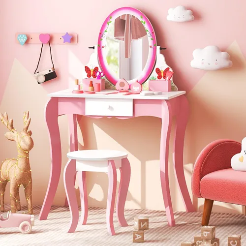 Costzon Vanity - Juego de tocador para niñas con espejo y taburete, cajón, rejillas de almacenamiento, tocador 2 en 1, tocador de maquillaje, mesa