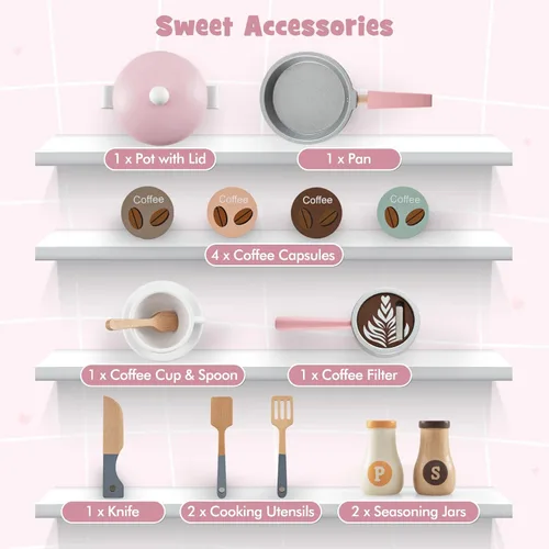 Miniatura 7 de HONEY JOY Juego de cocina, juego de cocina grande de madera para niños pequeños y cafetera, microondas, lavadora, fregadero, utensilios de cocina