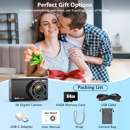 Miniatura 8 de Cámara digital 5K 96MP para fotografía con zoom óptico 6X, cámara de enfoque automático mejorada 2026 para YouTube con doble lente, tarjeta de 64