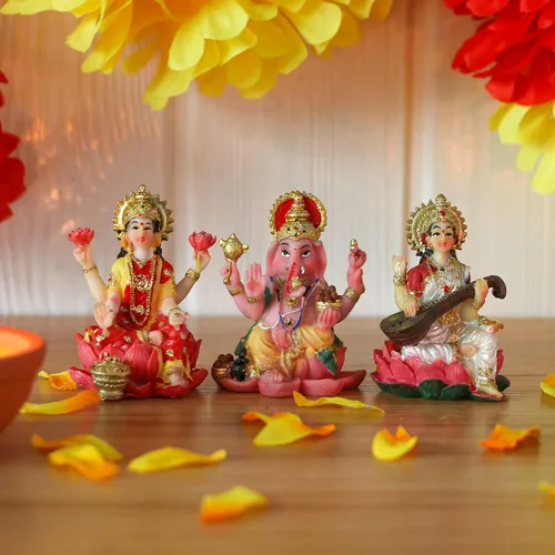 Miniatura 3 de alikiki Estatua hindú de Laxmi Ganesh Saraswati – 2.5 pulgadas de alto India Dios Lakshmi Ganesha figura para decoración de tablero de automóvil