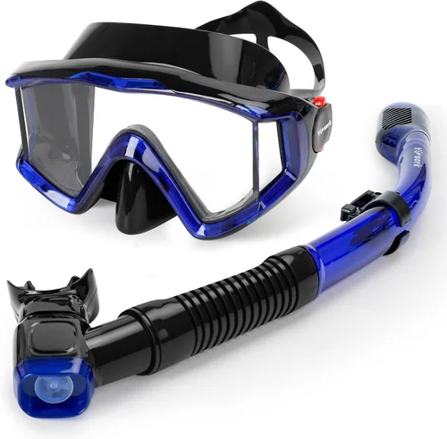 Miniatura 14 de Equipo de esnórquel para adultos, juego de máscara de esnórquel panorámica de 180° antivaho con tubo de esnórquel superior seco, equipo de buceo