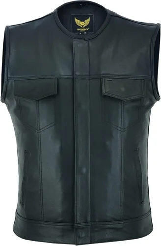 Miniatura 3 de Leatherick Mens Black Motorcycle Vests - Top Grain Cow Leather SOA Club & Traditional Paisley Satin Liner Leather Biker Vests Negro (sin cuello)