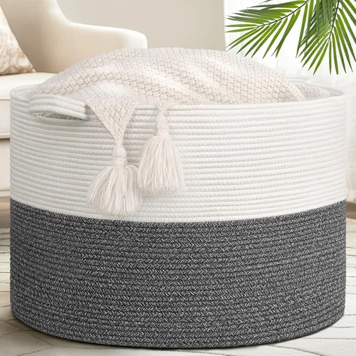 Miniatura 8 de Goodpick Cesta de manta de 65 litros, 19.7 x 12.6 pulgadas, cesta de cuerda de algodón, para sala de estar, organizadores de juguetes