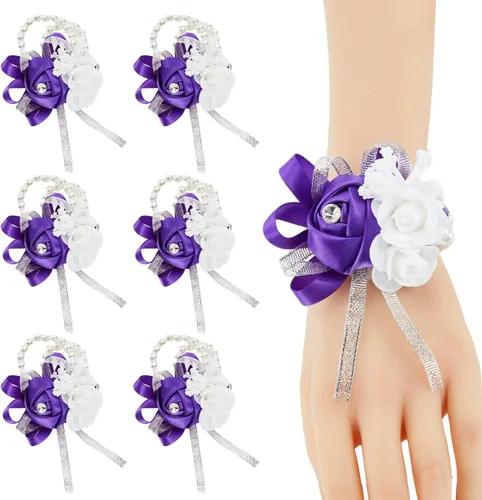 Miniatura 10 de Juego de 4 ramilletes de muñeca color borgoña para boda, juego de ramilletes rojo vino rosa para baile de graduación, novia, dama de honor, niña, 4