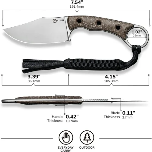 Miniatura 6 de CIVIVI Midwatch Cuchillo de Hoja Fija, Hoja de 3.39", con Funda Kydex y Cordón Negro de Paracord Atado C20059B Marrón