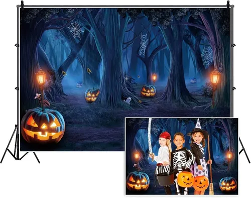 Renaiss Telón de fondo de Halloween con telaraña, árboles, lámpara de calabaza, bosque sombrío, fotografía, fondo espeluznante, luz de luna,