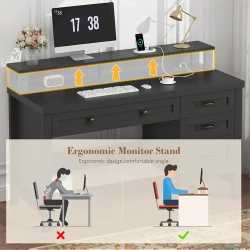 Miniatura 7 de YOMILUVE Escritorio para computadora de granja con cajones, escritorio pequeño para computadora de 47 pulgadas con tomas de corriente, escritorio